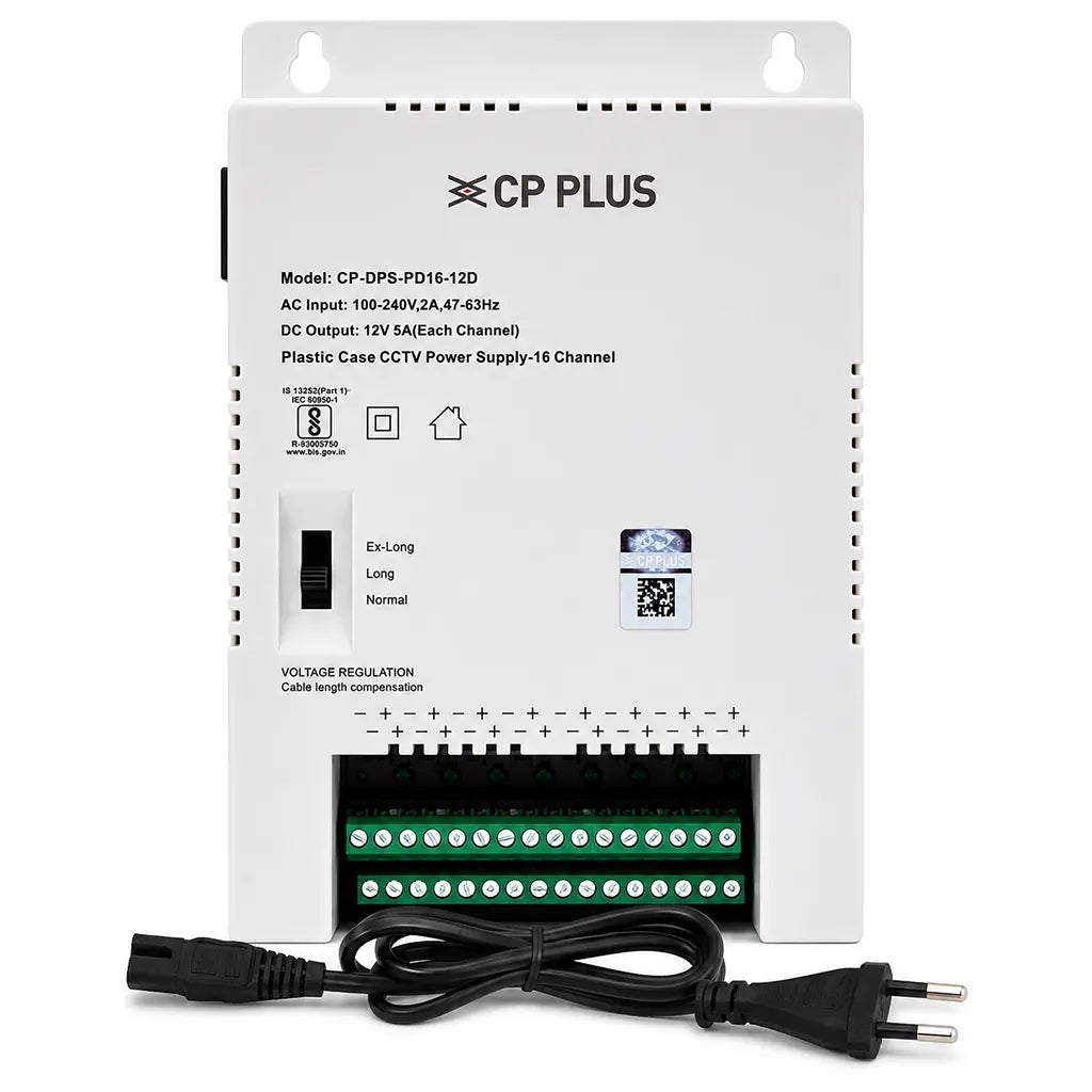 CP PLUS CP-DPS-PD16-12D 16 Channel CCTV Power Supply with AC power cable and front terminal connections -tpstech.in