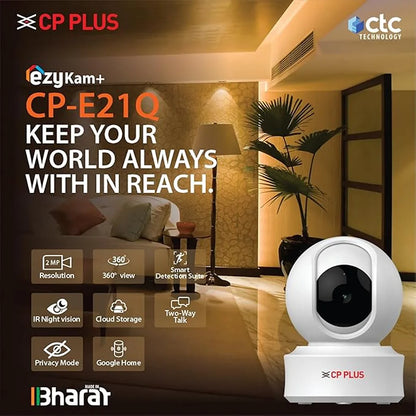 CP PLUS CP-E21Q 2MP Wi-Fi PT Security Camera with 360° view, IR night vision, cloud storage, Google Home and two-way talk -tpstech.in
