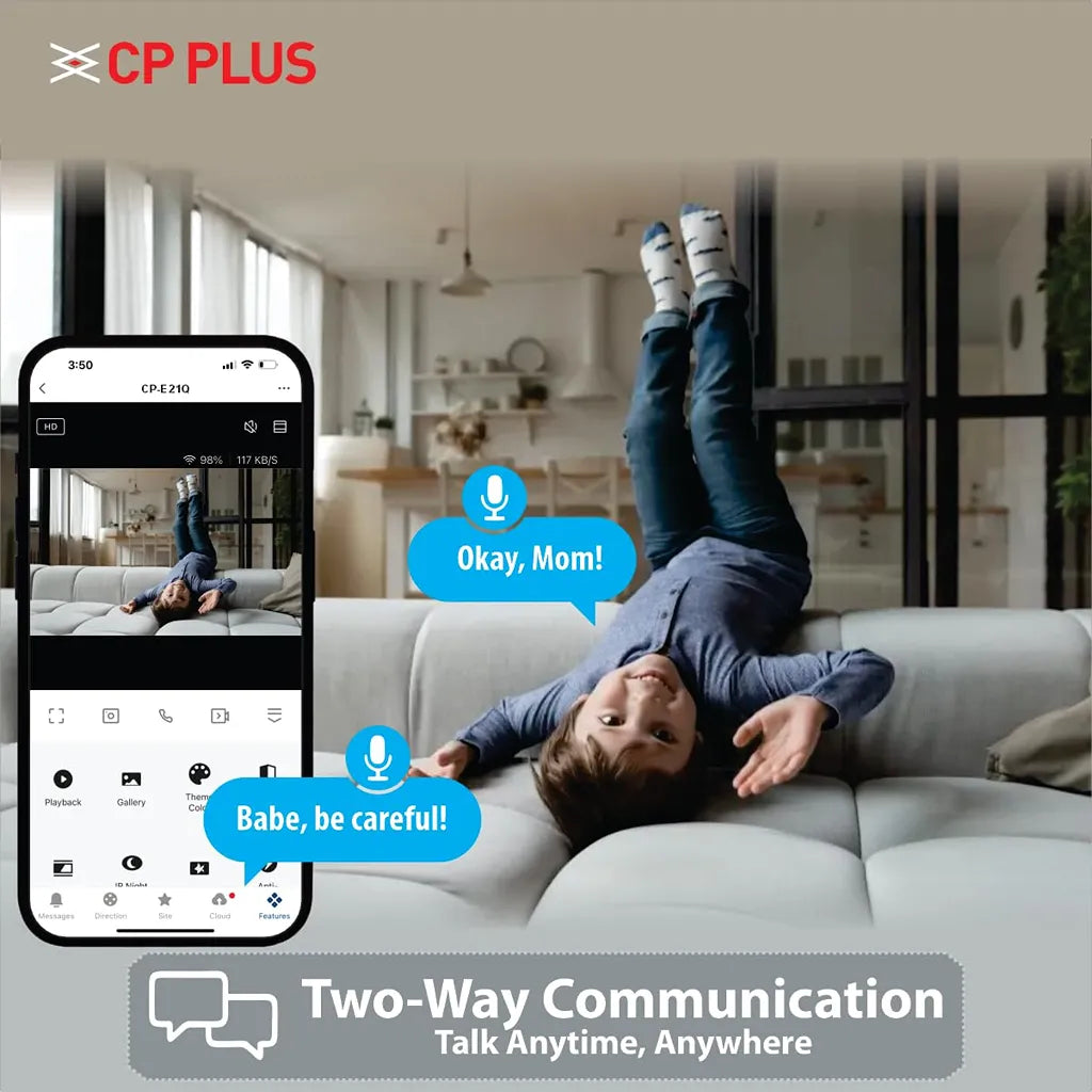 CP PLUS CP-E21Q 2MP Wi-Fi PT Security Camera featuring two-way audio communication for real-time remote conversations -tpstech.in