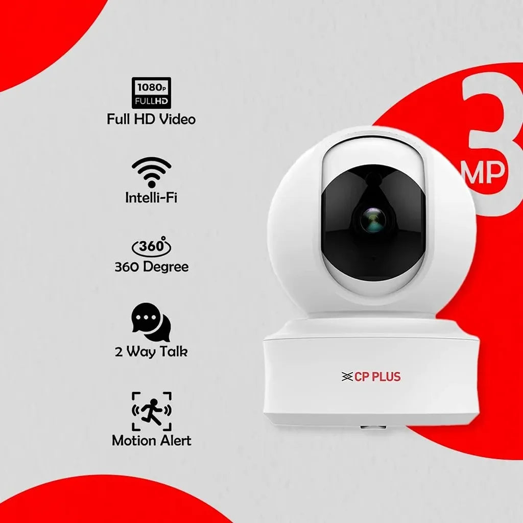 CP PLUS CP-E31A 3MP Wi-Fi PT Security Camera featuring Full HD video, 360 degree coverage, two way talk and motion alerts -tpstech.in