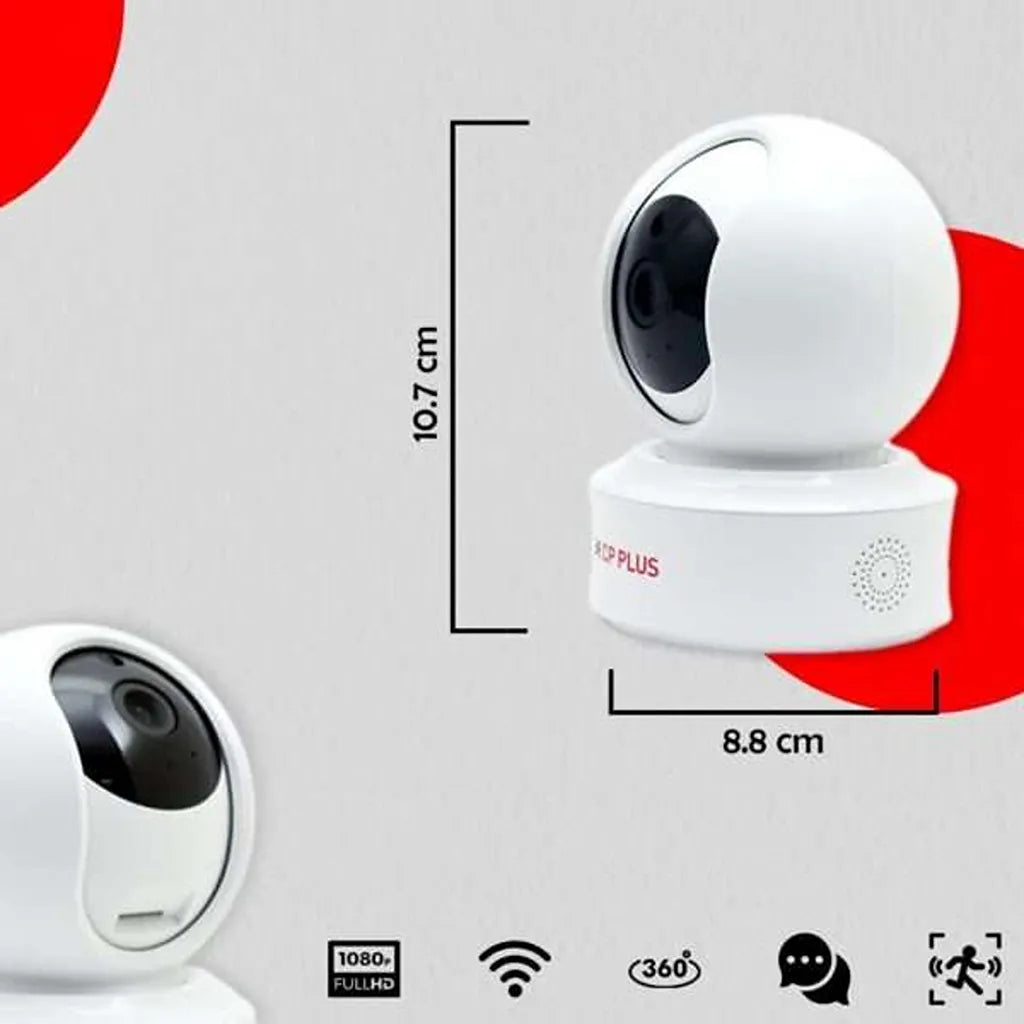 CP PLUS CP-E31A 3MP Wi-Fi PT Security Camera with product dimensions, Full HD video, 360° coverage and motion alert features -tpstech.in