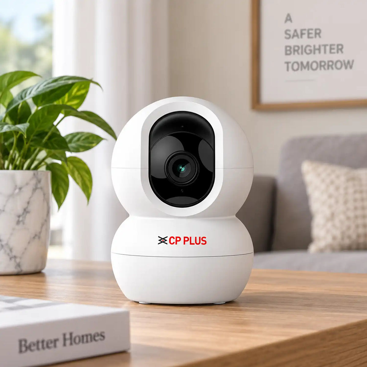 CP PLUS CP-E38Q 3MP Wi-Fi PT Camera with 355 Pan on Living Room Wooden Table -tpstech.in