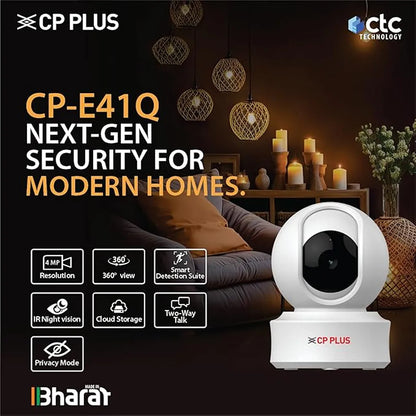 CP PLUS CP-E41Q 4MP Wi-Fi PT Security Camera with 360° coverage, night vision and two-way audio for modern homes -tpstech.in