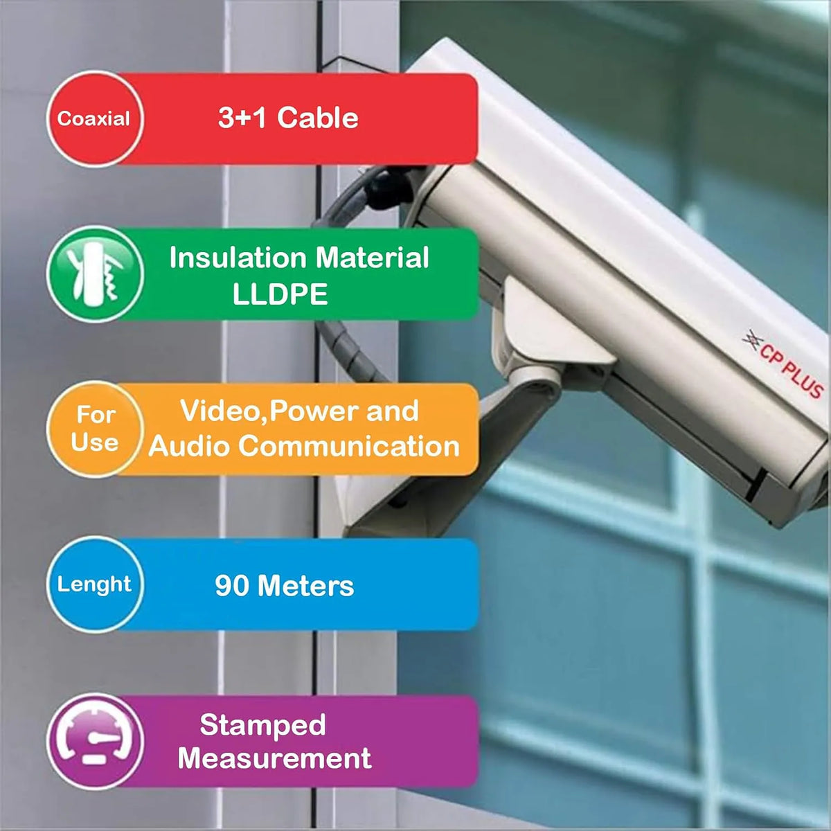CP Plus 3+1 Outdoor CCTV Cable Features and Specifications Infographic -tpstech.in