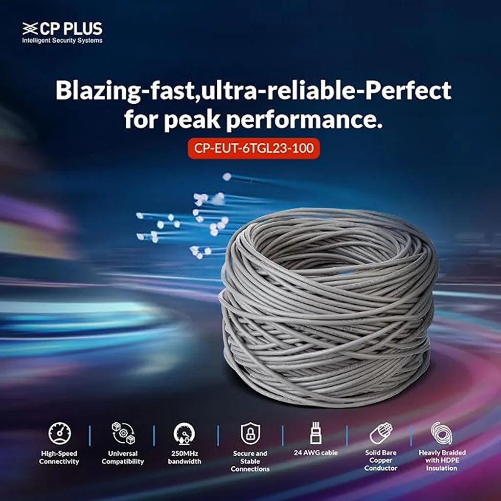 CP PLUS CP-EUT-6TGL23-100 100M Cat6 UTP network cable with 24 AWG solid bare copper conductor and 250MHz bandwidth -tpstech.in