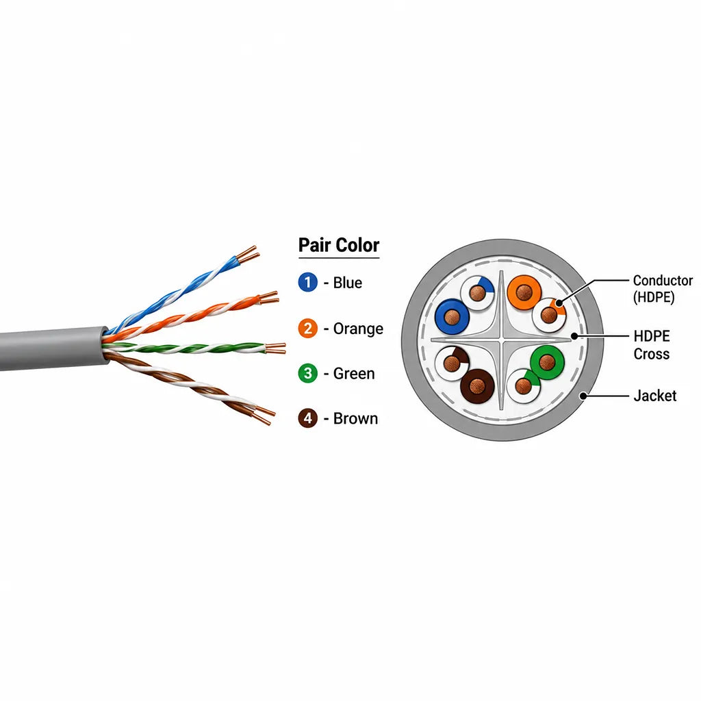 CP PLUS CP-EUT-6TGL23-305 Cat6 UTP LAN cable internal structure showing 4 twisted pairs and HDPE cross separator -tpstech.in