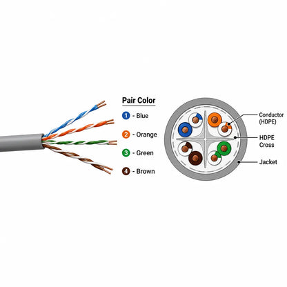 CP PLUS CP-EUT-6TGL23-305 Cat6 UTP LAN cable internal structure showing 4 twisted pairs and HDPE cross separator -tpstech.in