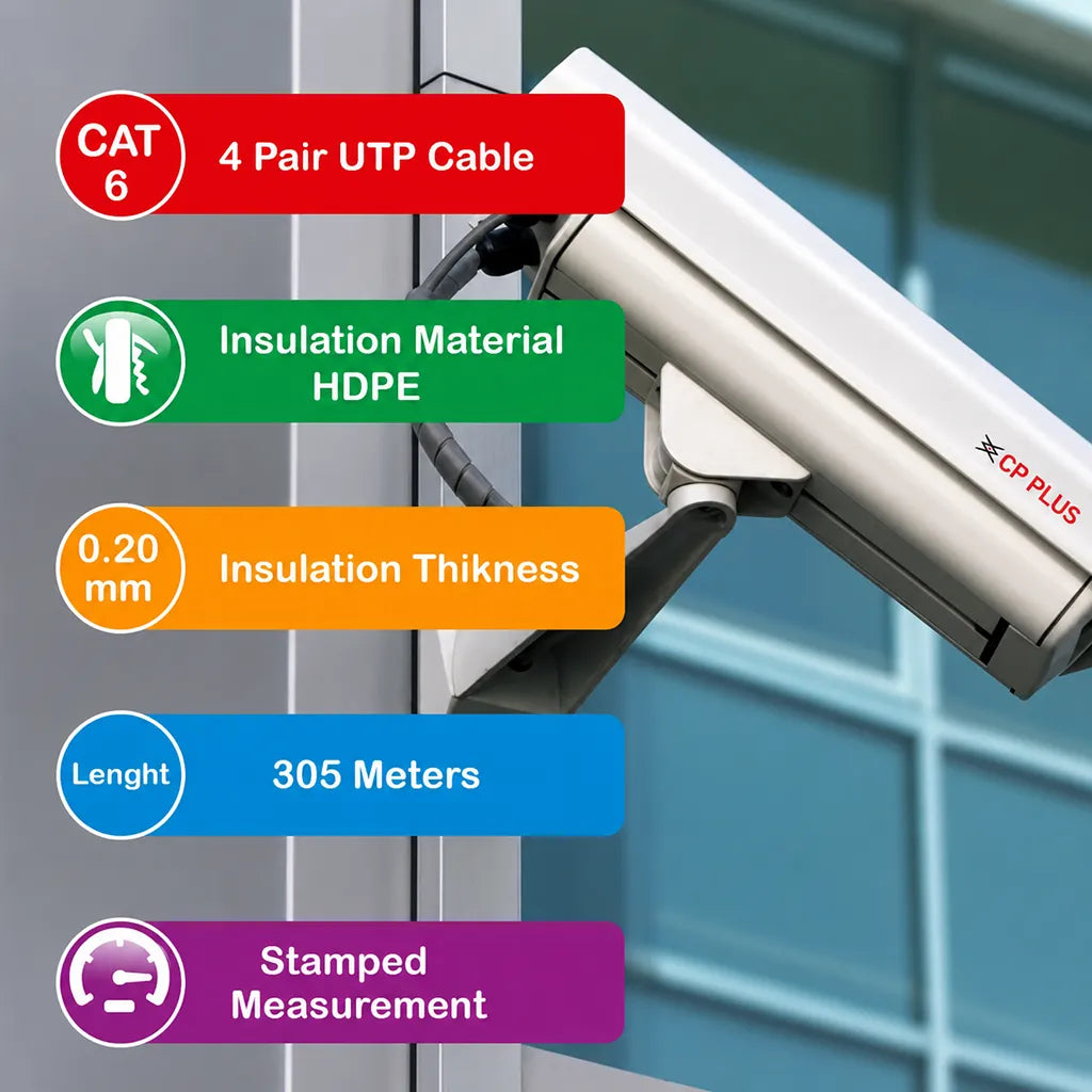 CP PLUS CP-FUT-6TSRH-305 CAT6 4 Pair UTP cable with HDPE insulation, 305 meter length and stamped measurement -tpstech.in