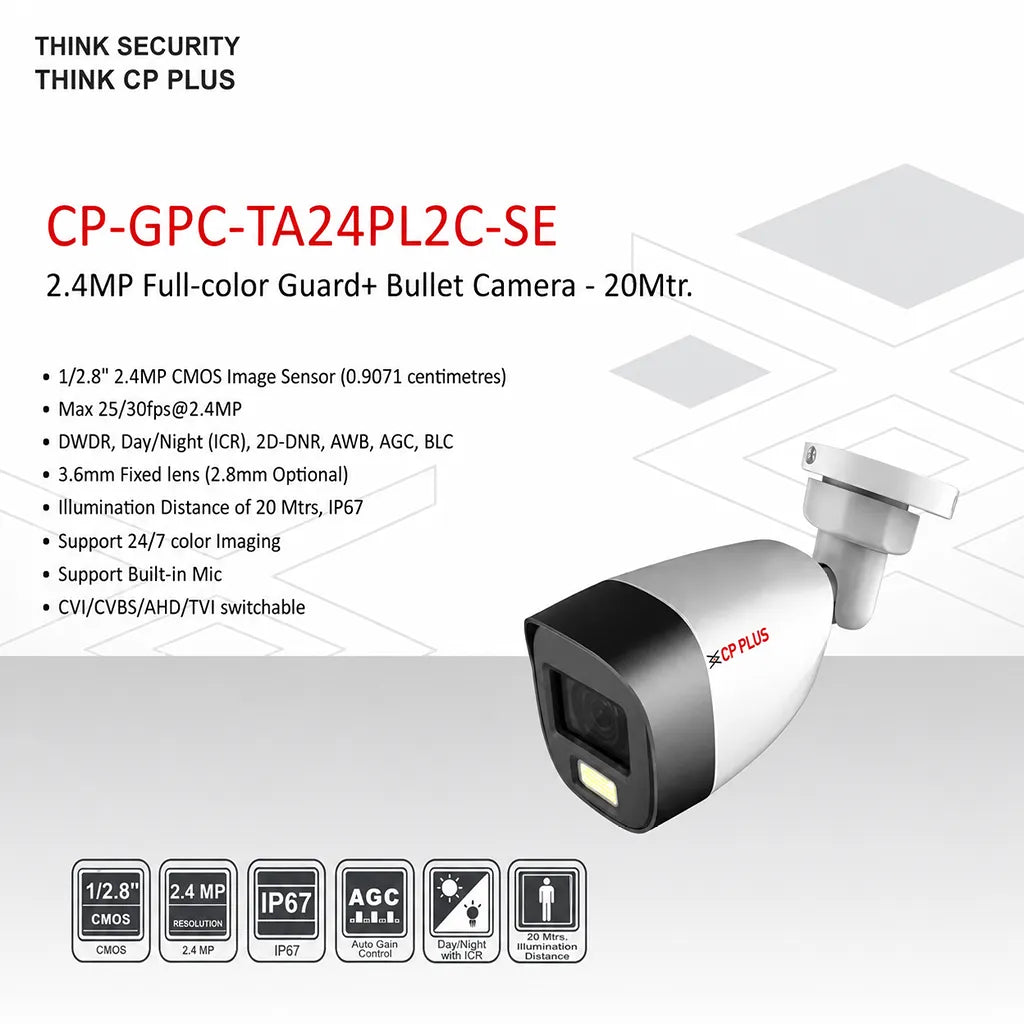 CP PLUS CP-GPC-TA24PL2C-SE 2.4MP Full Color Guard+ Bullet Camera key features including IP67, built-in mic and 20m illumination -tpstech.in