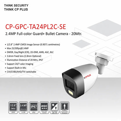CP PLUS CP-GPC-TA24PL2C-SE 2.4MP Full Color Guard+ Bullet Camera key features including IP67, built-in mic and 20m illumination -tpstech.in