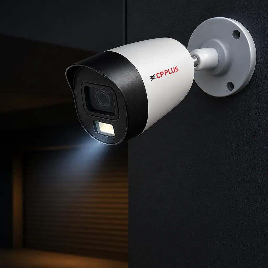 CP PLUS CP-GPC-TA24PL2C-SE 2.4MP Full Color Guard+ Bullet Camera installed for outdoor security with white light illumination -tpstech.in