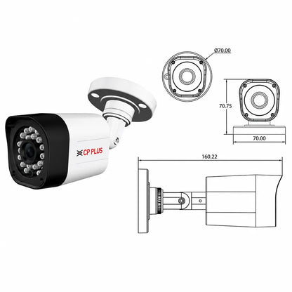 CP PLUS CP-GTC-T10L2C 1MP HD IR Bullet CCTV Camera dimensions and design illustration with mounting measurements - tpstech.in