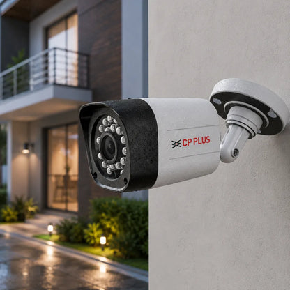 CP PLUS CP-GTC-T10L2C 1MP HD IR Bullet CCTV Camera installed on an exterior wall for outdoor surveillance - tpstech.in