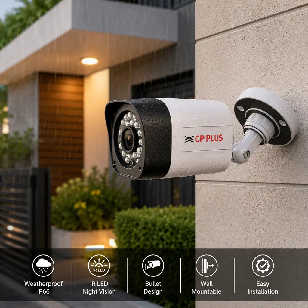 CP PLUS CP-GTC-T10L2C 1MP HD IR Bullet CCTV Camera highlighting IP66 weatherproof design, IR night vision and wall mount installation - tpstech.in