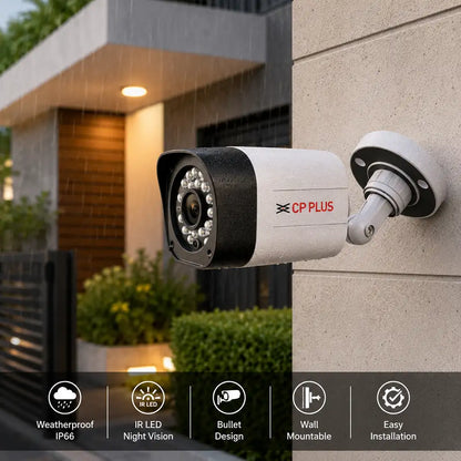 CP PLUS CP-GTC-T10L2C 1MP HD IR Bullet CCTV Camera highlighting IP66 weatherproof design, IR night vision and wall mount installation - tpstech.in