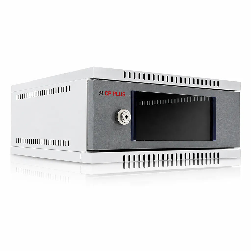 CP PLUS CP-HA-RK3535VM-2U 2U DVR NVR wall mount rack front left angle view with lockable door -tpstech.in