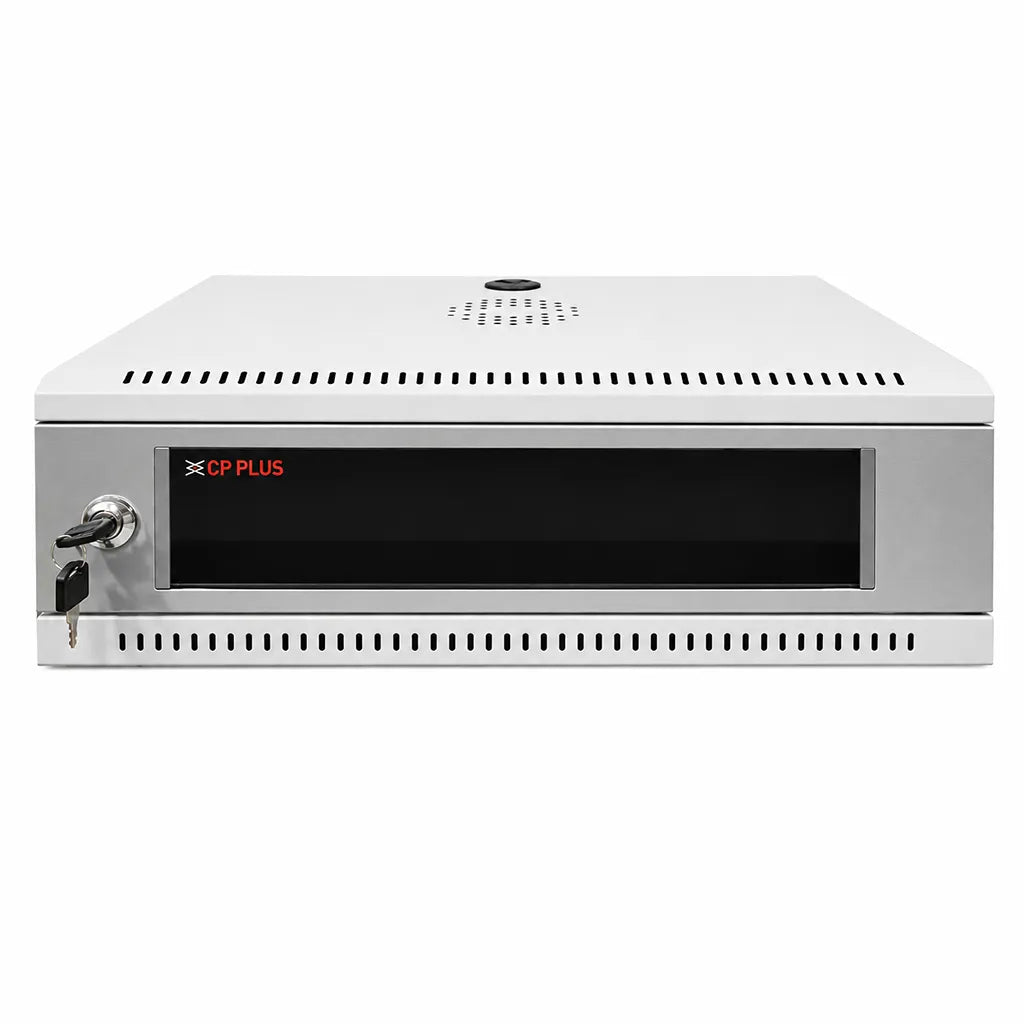 CP PLUS CP-HA-RK3535VM-2U 2U wall mount rack front view with key lock and acrylic glass door -tpstech.in