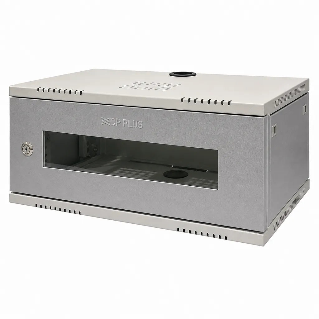 CP PLUS CP-HA-RK4535VM-4U 4U wall mount CCTV network rack front left angle view with durable metal construction -tpstech.in