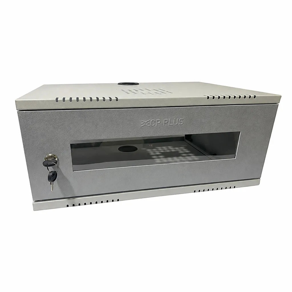 CP PLUS CP-HA-RK4535VM-4U 4U wall mount CCTV network rack front left view with lockable acrylic door for DVR and NVR installation -tpstech.in