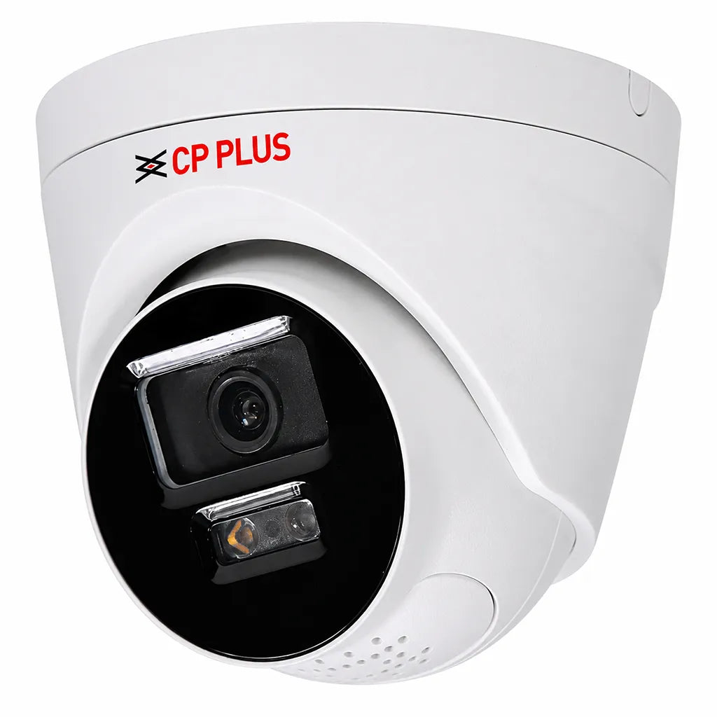 CP PLUS CP-UNC-DA21L3B-LQ 2MP Dual Light Dome IP Camera front left view with built-in microphone, speaker, 30m IR and warm light night vision -tpstech.in