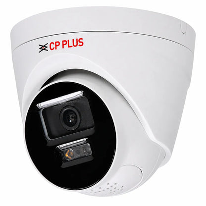CP PLUS CP-UNC-DA21L3B-LQ 2MP Dual Light Dome IP Camera front left view with built-in microphone, speaker, 30m IR and warm light night vision -tpstech.in
