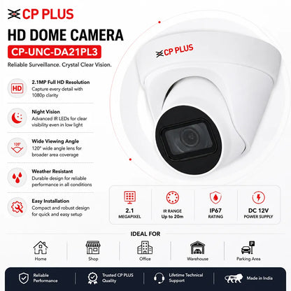 CP PLUS CP-UNC-DA21PL3 2MP Full HD PoE IR Network Dome Camera features including Full HD, night vision and IP67 protection -tpstech.in
