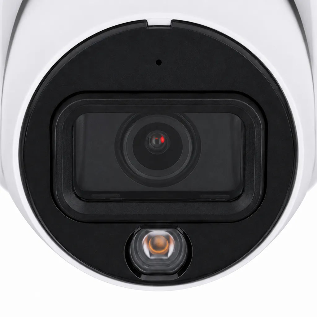 Close-up of CP PLUS CP-UNC-DA61L3C-LQ 6MP Dual Light IP Dome Camera lens with built-in microphone and warm light LED for clear surveillance -tpstech.in