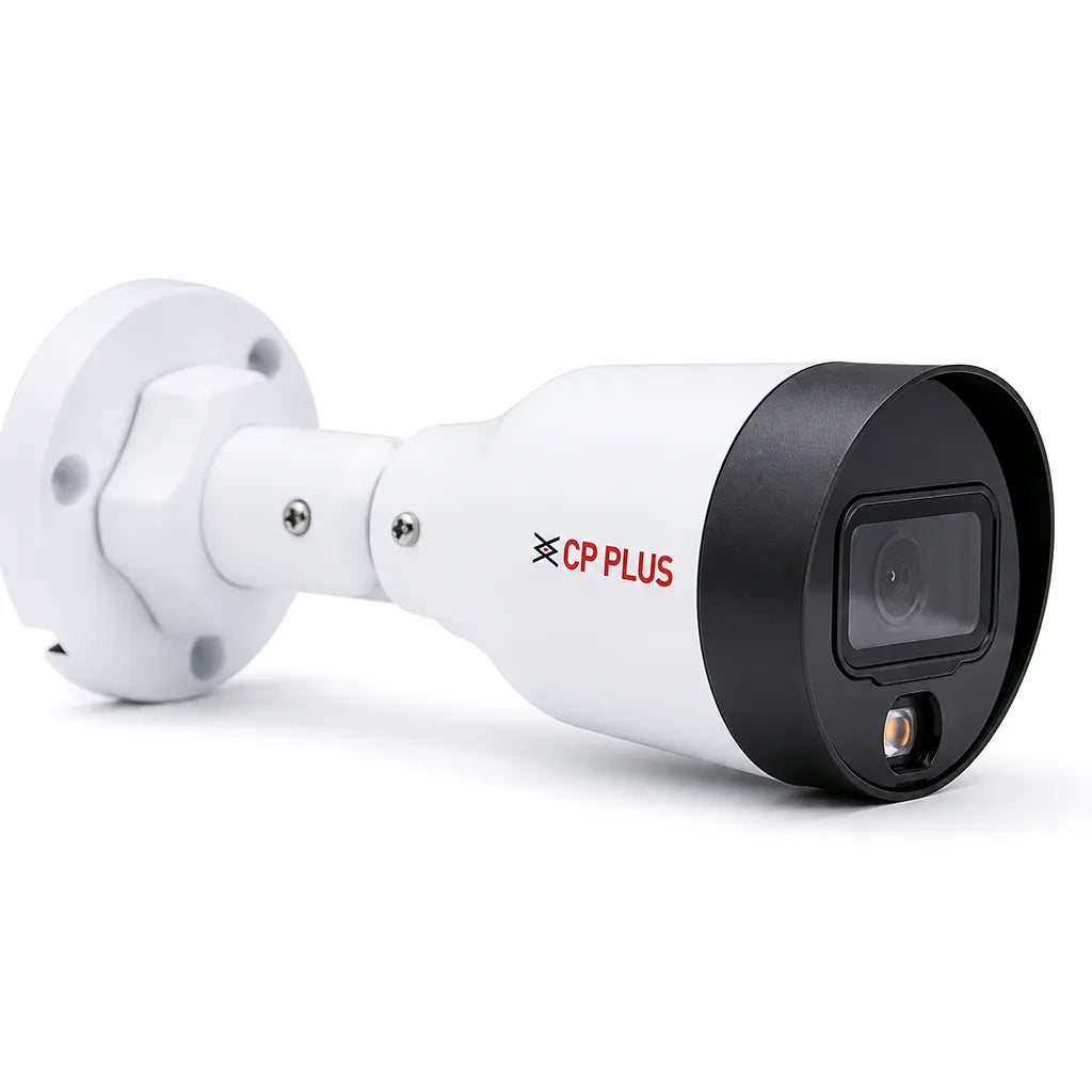 CP PLUS CP-UNC-TA21L2-GP-V2 2MP Full Color PoE Network Bullet Camera front left angle view with Full HD surveillance -tpstech.in