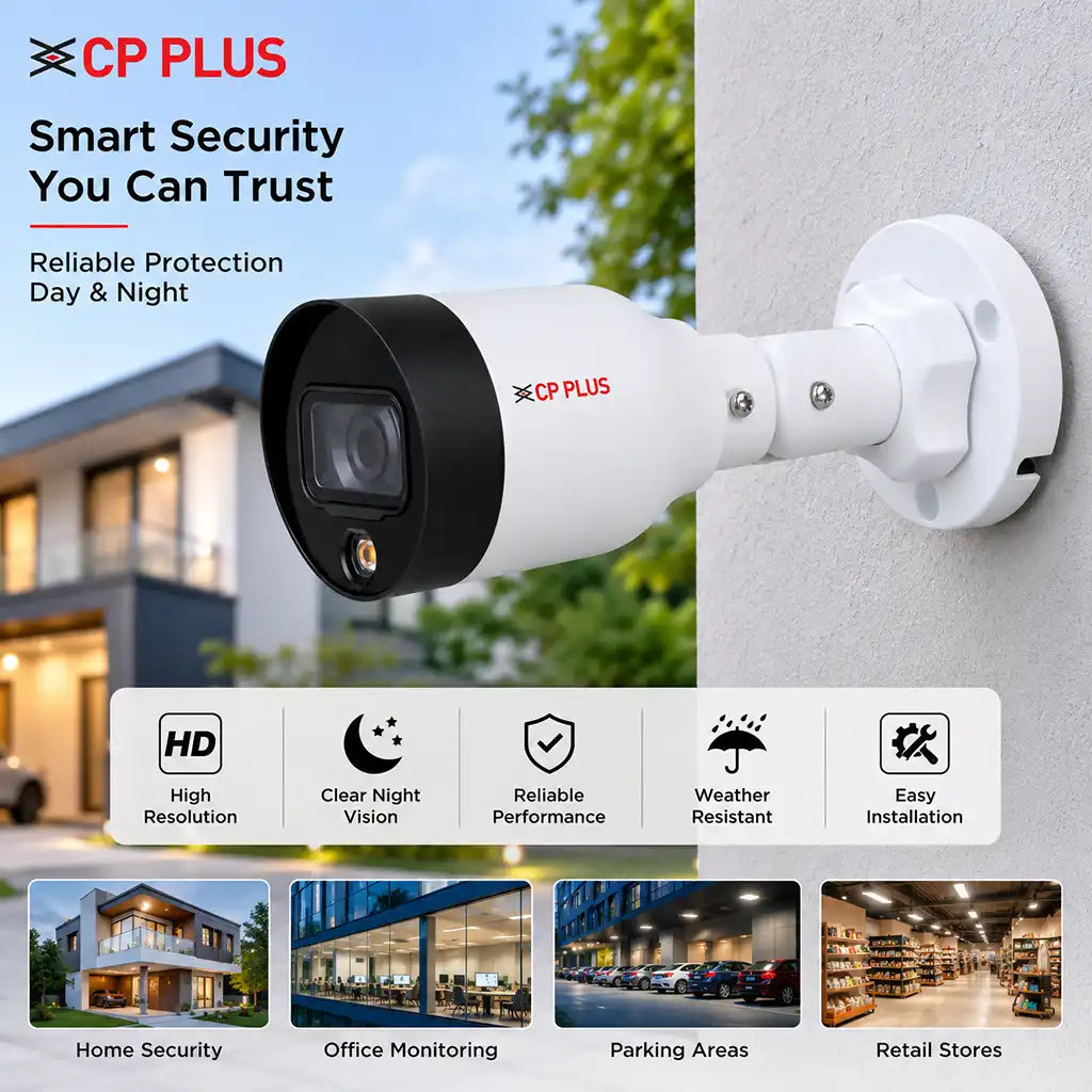 CP PLUS CP-UNC-TA21L2-GP-V2 2MP Full Color Network Bullet Camera installed for home, office, parking and retail security monitoring -tpstech.in