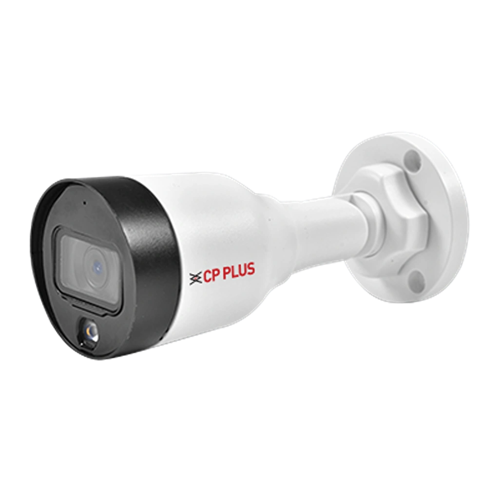 Front right angle view of CP PLUS CP-UNC-TA21L3C-LQ 2MP Dual Light PoE IP Bullet Camera with weatherproof housing -tpstech.in