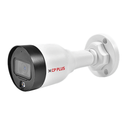 Front right angle view of CP PLUS CP-UNC-TA21L3C-LQ 2MP Dual Light PoE IP Bullet Camera with weatherproof housing -tpstech.in