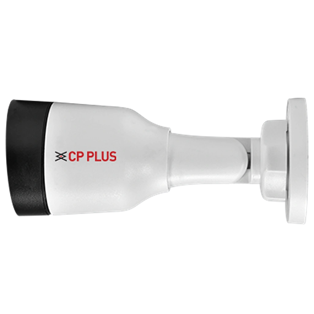 Left side profile of CP PLUS CP-UNC-TA21L3C-LQ 2MP Dual Light PoE IP Bullet Camera with fixed mounting bracket -tpstech.in