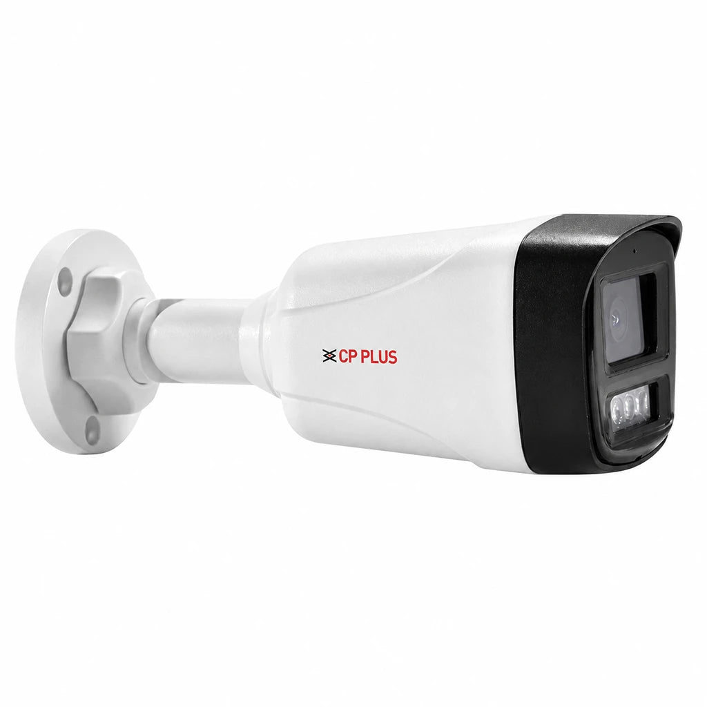CP PLUS CP-UNC-TA21L6C-Q 2MP Network IR Bullet Camera front angled view with built-in microphone and Smart IR -tpstech.in