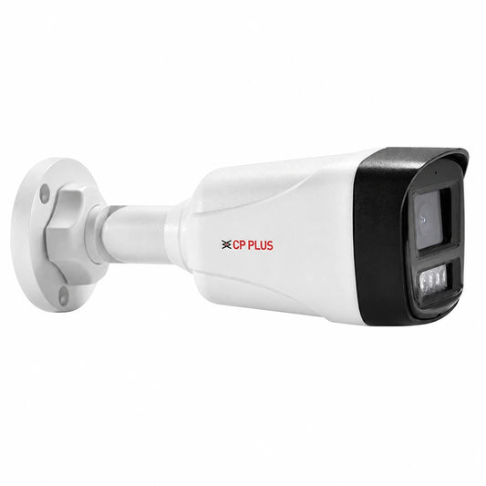 CP PLUS CP-UNC-TA21L6C-Q 2MP Network IR Bullet Camera front angled view with built-in microphone and Smart IR -tpstech.in