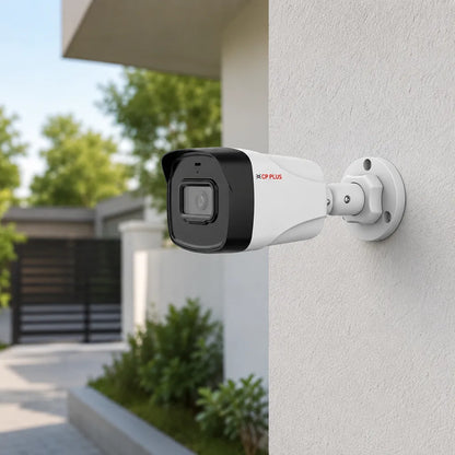 CP PLUS CP-UNC-TA21PL3C-Y 2MP Full HD IR Network Bullet Camera installed on an outdoor wall for home and business surveillance with 30m Smart IR, PoE and IP67 protection -tpstech.in