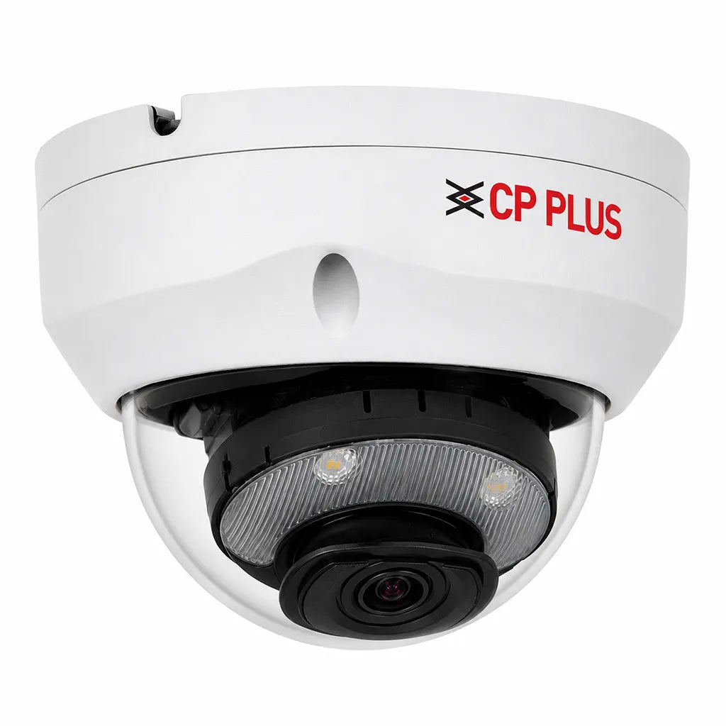 CP PLUS CP-UNC-VC81L5C-VMD-LQ 8MP Dual Light PoE vandal dome IP camera front left angle view with built-in microphone and IP67 housing -tpstech.in