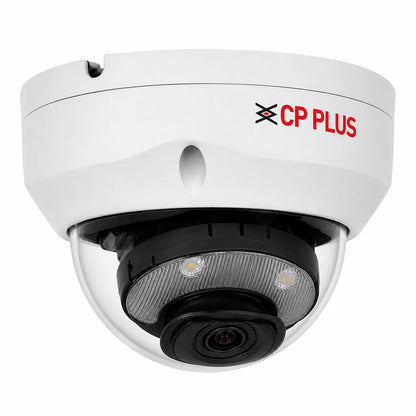 CP PLUS CP-UNC-VC81L5C-VMD-LQ 8MP Dual Light PoE vandal dome IP camera front left angle view with built-in microphone and IP67 housing -tpstech.in