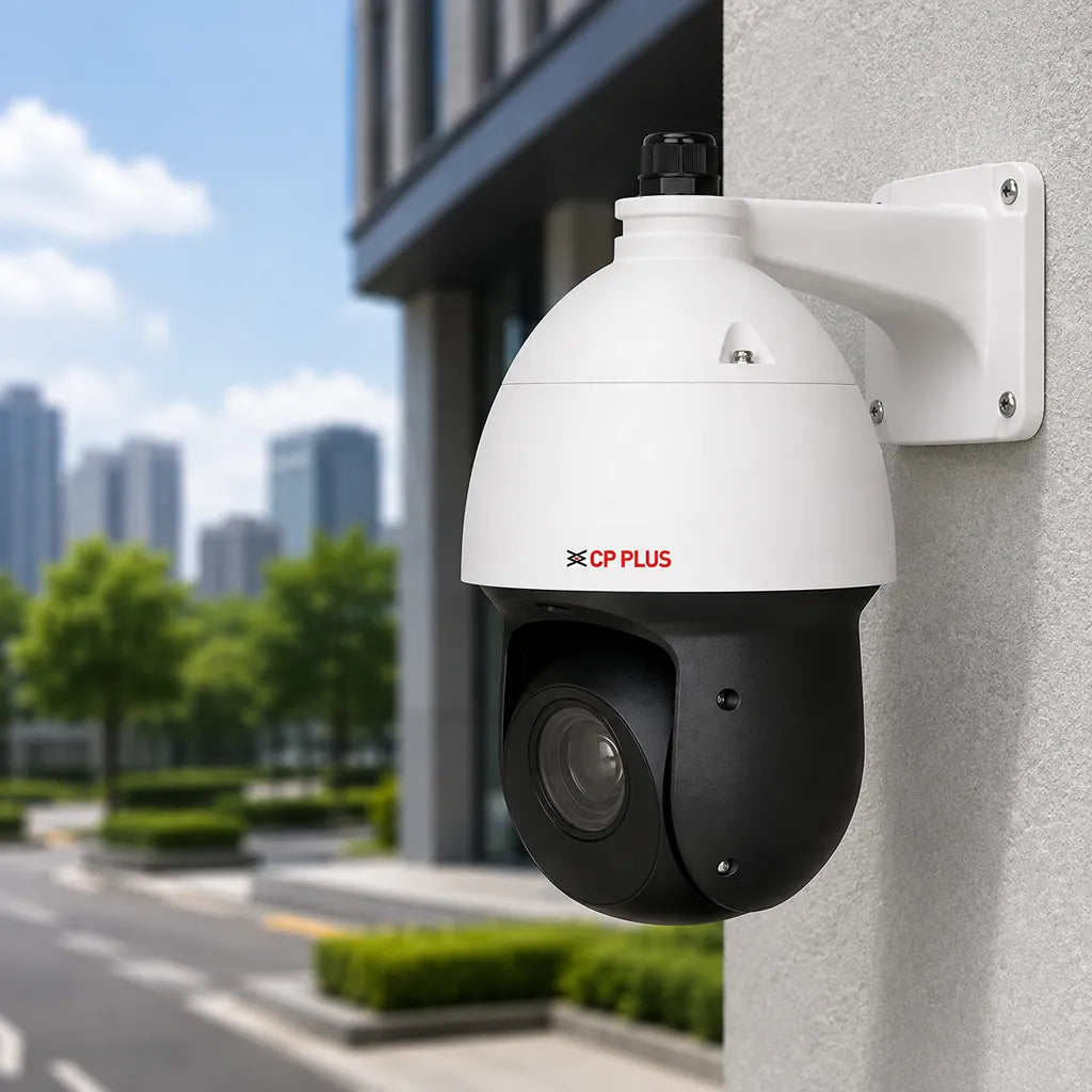 CP PLUS CP-UNP-D2521L10-DAQ 2MP 25X Network PTZ Camera installed on outdoor wall for security surveillance -tpstech.in