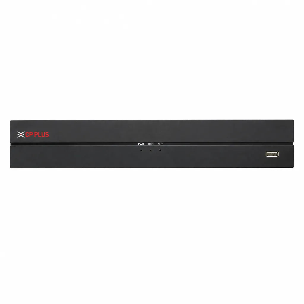 CP PLUS CP-UNR-104F1 4 Channel 8MP Network Video Recorder front view with USB port and LED status indicators -tpstech.in