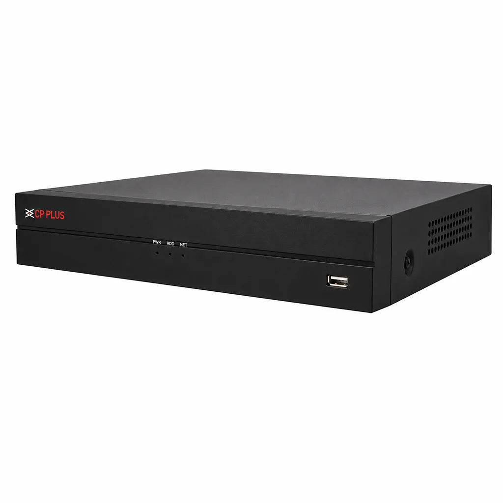 CP PLUS CP-UNR-104F1 8MP Network Video Recorder right angle view with front USB interface and ventilation design -tpstech.in