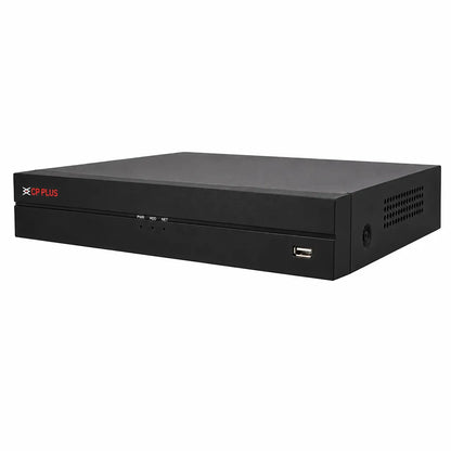 CP PLUS CP-UNR-104F1 8MP Network Video Recorder right angle view with front USB interface and ventilation design -tpstech.in