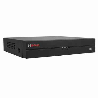 CP PLUS CP-UNR-108F1 8 Channel Network Video Recorder left angle view showing compact metal enclosure -tpstech.in