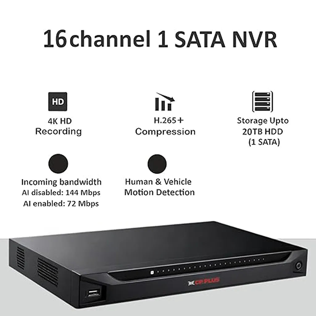 CP PLUS CP-UNR-4K2161-V4 16 channel NVR with H.265 compression and up to 20TB HDD storage support -tpstech.in
