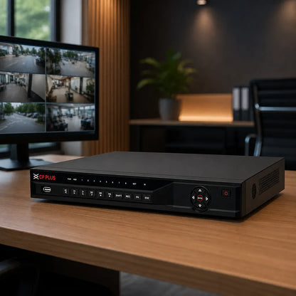 CP PLUS CP-UNR-4K2162-V2 16 Channel 4K Network Video Recorder installed in an office surveillance monitoring setup -tpstech.in