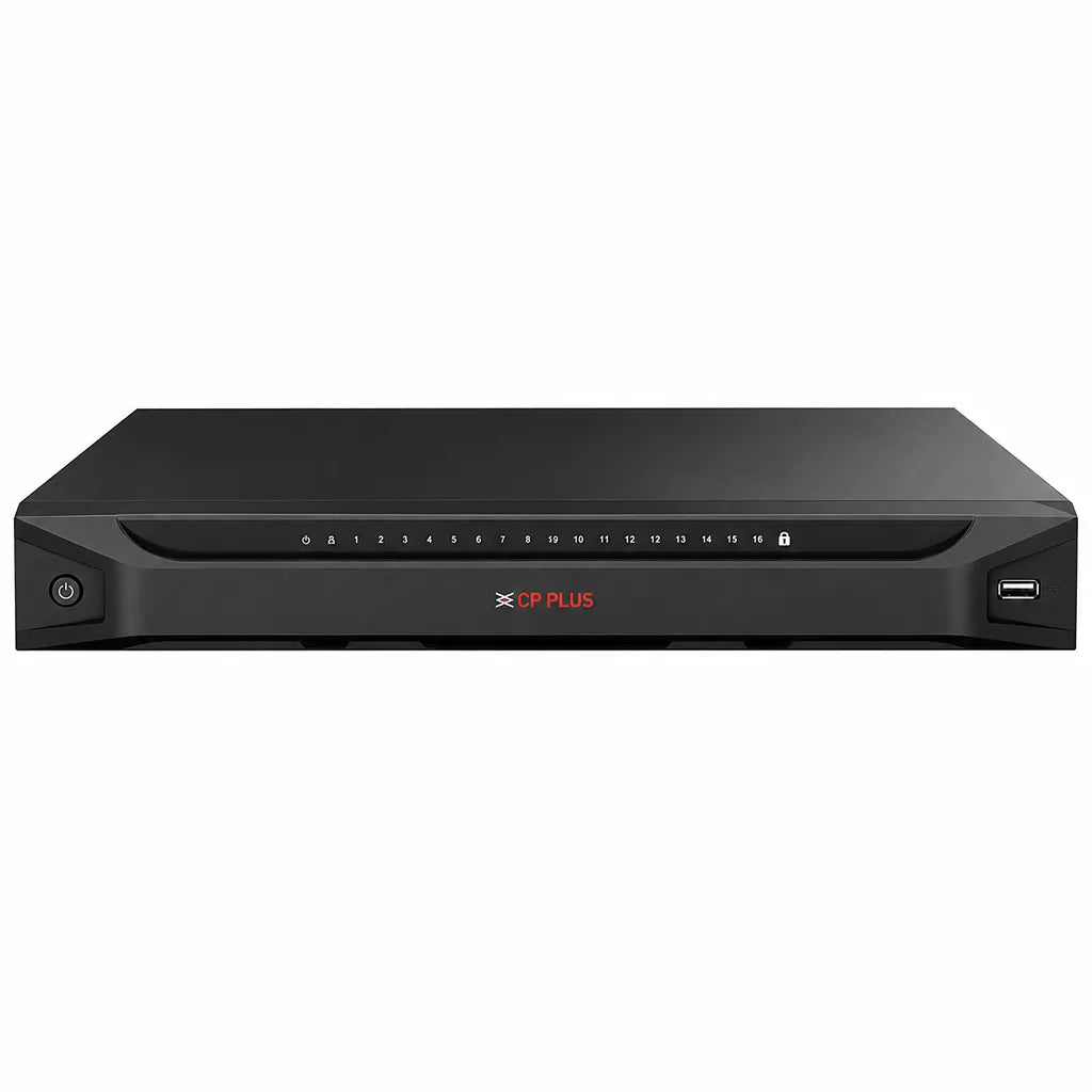 CP PLUS CP-UNR-4K4082-V2 8 Channel 4K Network Video Recorder front view with LED status indicators and USB port -tpstech.in