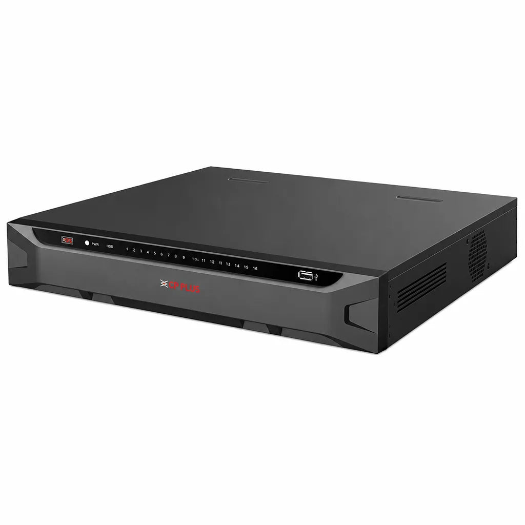 CP PLUS CP-UNR-4K4164-FI 16 Channel 4K AI Network Video Recorder front left view with USB port and LED status indicators -tpstech.in