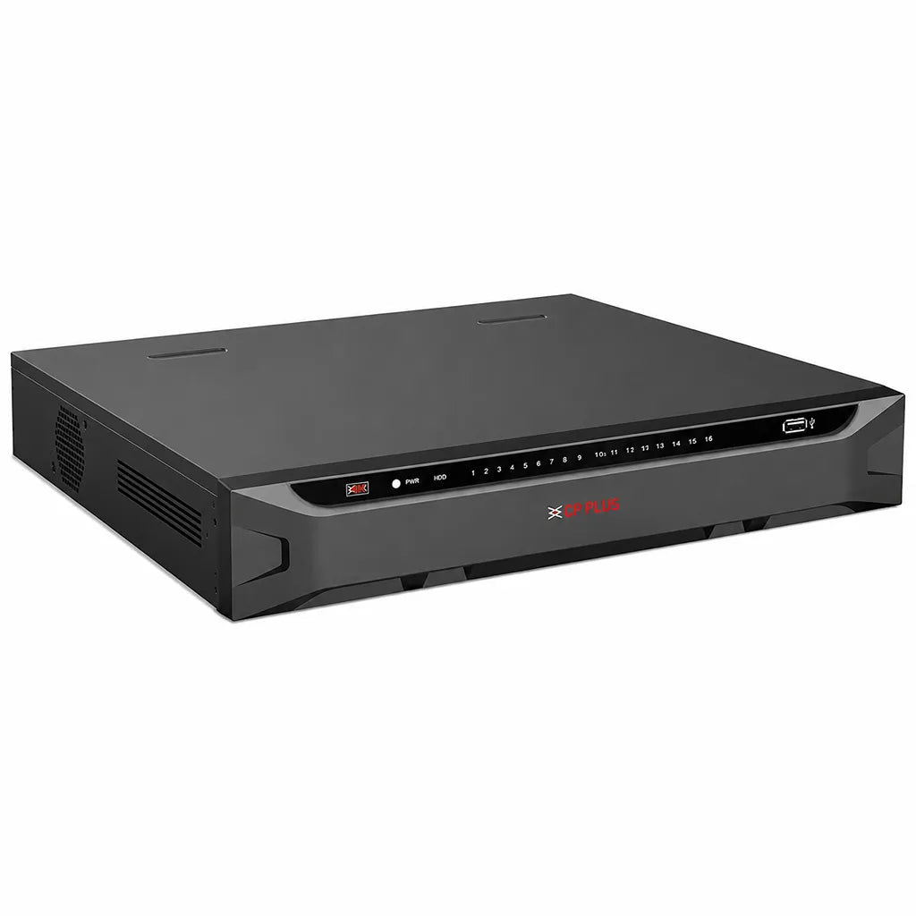 CP PLUS CP-UNR-4K4164-FI 16 Channel 4K AI Network Video Recorder front right angle view showing sleek chassis design -tpstech.in
