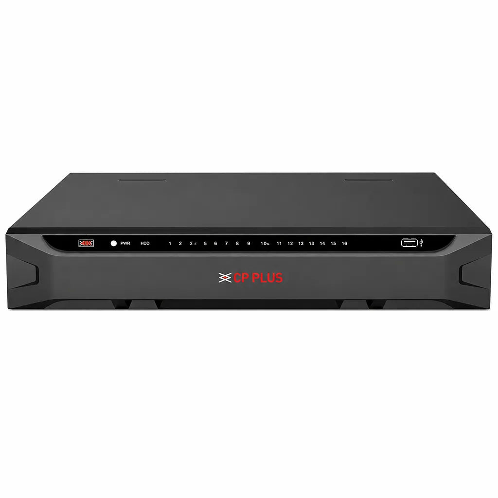CP PLUS CP-UNR-4K4164-FI 16 Channel 4K AI Network Video Recorder front view with USB port and channel status LEDs -tpstech.in