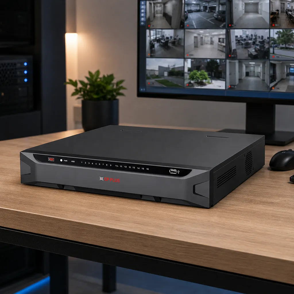 CP PLUS CP-UNR-4K4164-FI 16 Channel 4K AI Network Video Recorder installed on a surveillance workstation for professional security monitoring -tpstech.in