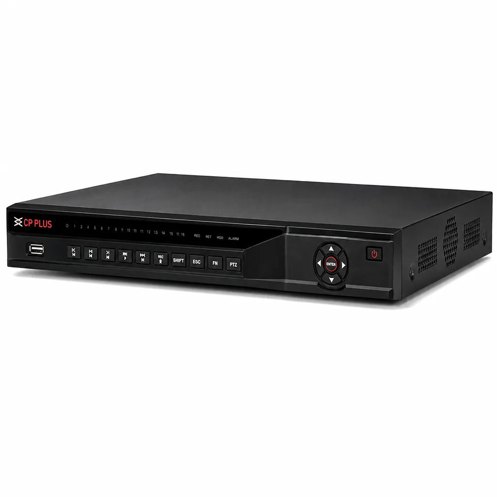 CP PLUS CP-UNR-4K4322-V3 32 Channel 4K Network Video Recorder front right angle showing navigation controls -tpstech.in